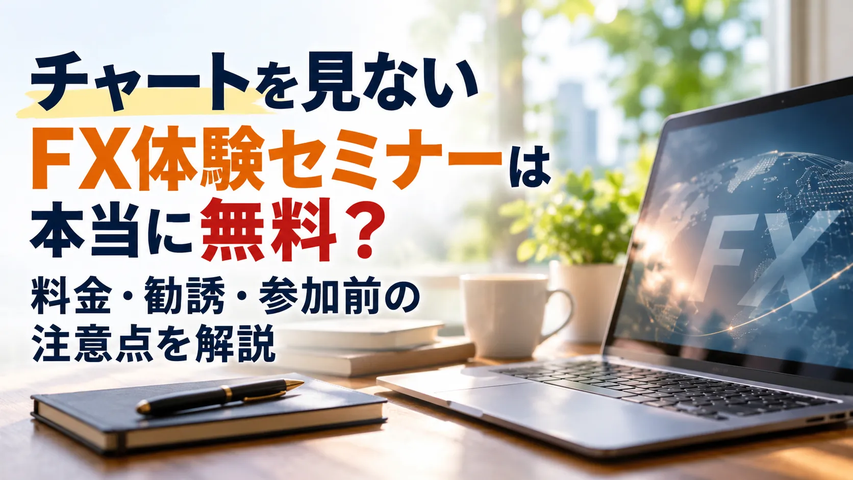 明るい室内のノートパソコンを背景に、チャートを見ないFX体験セミナーの無料参加や料金・勧誘の注意点を大きく示した画像。