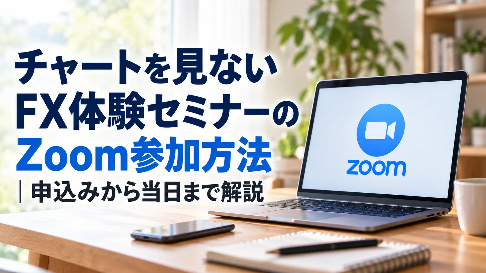 明るい自宅のデスクにZoomを表示したノートパソコンが置かれ、左側にFX体験セミナーの参加方法を解説するタイトルが大きく描かれている。