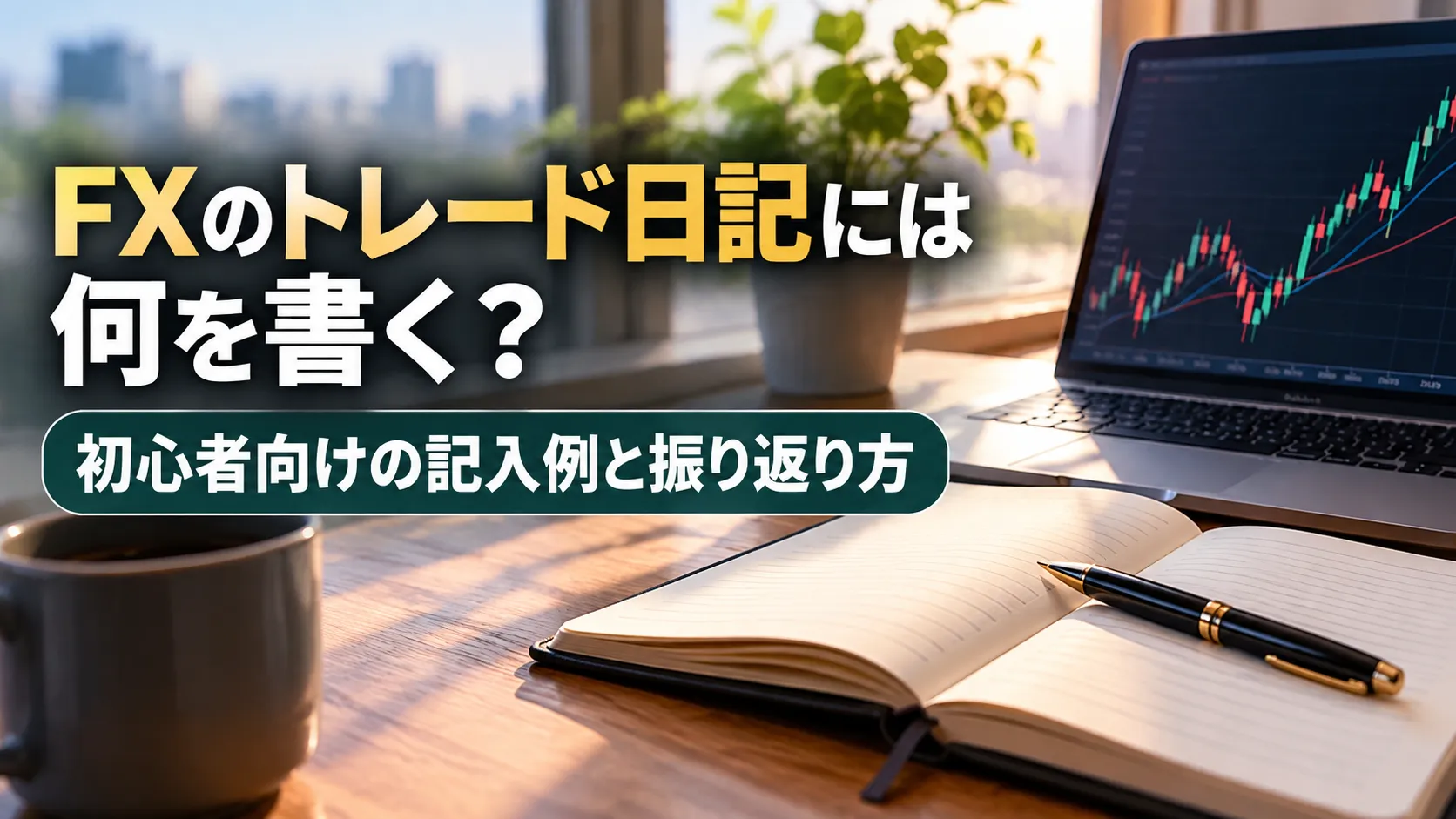 ノートとペン、FXのチャートを表示したノートパソコンが並ぶデスクに、トレード日記の書き方を紹介するタイトルを配置したアイキャッチ画像。
